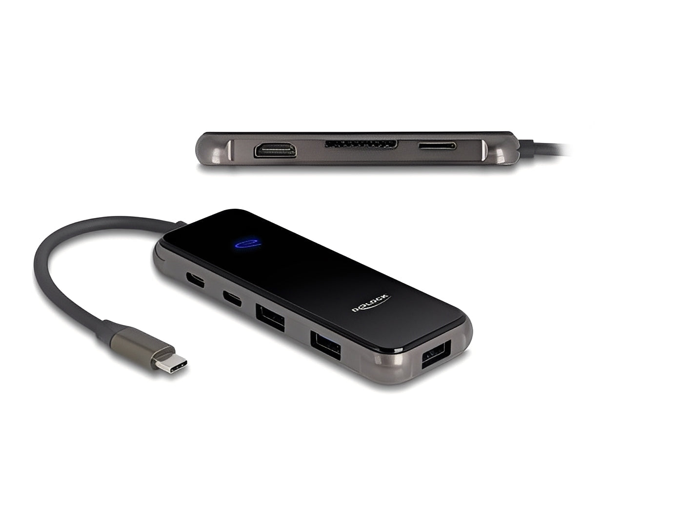 תחנת עגינה האיכותית מבית Delock גרמניה מתחברת למחשב באמצעות חיבור USB-C התומך ב-DP Alt Mode או Thunderbolt™ 5 / 4 / 3 ומרחיבה את אפשרויות השימוש עם מגוון ממשקים