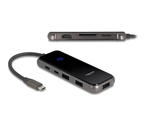 תחנת עגינה האיכותית מבית Delock גרמניה מתחברת למחשב באמצעות חיבור USB-C התומך ב-DP Alt Mode או Thunderbolt™ 5 / 4 / 3 ומרחיבה את אפשרויות השימוש עם מגוון ממשקים