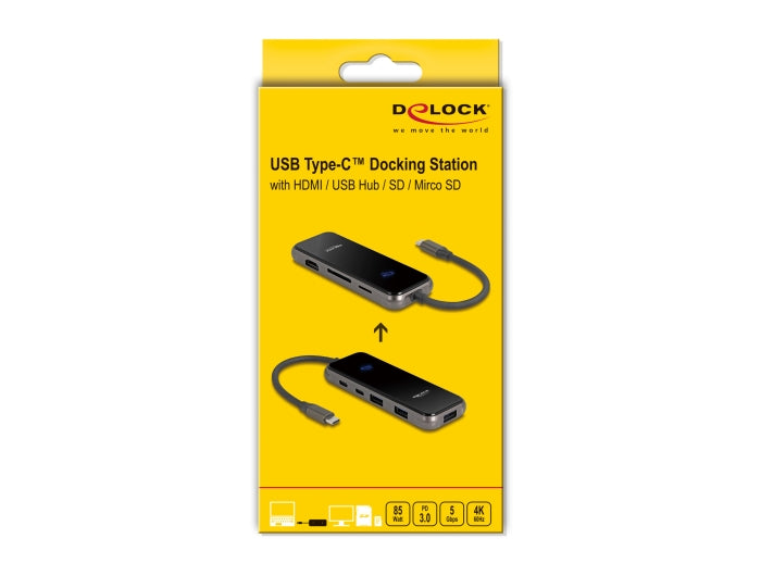 תחנת עגינה האיכותית מבית Delock גרמניה מתחברת למחשב באמצעות חיבור USB-C התומך ב-DP Alt Mode או Thunderbolt™ 5 / 4 / 3 ומרחיבה את אפשרויות השימוש עם מגוון ממשקים