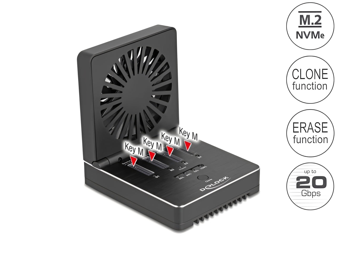 תחנת העגינה והשכפול (Duplicator) M.2 מבית Delock גרמניה מאפשרת התקנה קלה של ארבעה כונני M.2 PCIe NVMe SSDs וחיבור מהיר למחשב או ללפטופ דרך USB-C