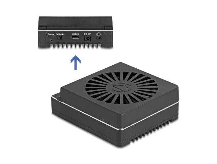 תחנת העגינה והשכפול (Duplicator) M.2 מבית Delock גרמניה מאפשרת התקנה קלה של ארבעה כונני M.2 PCIe NVMe SSDs וחיבור מהיר למחשב או ללפטופ דרך USB-C