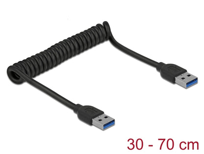 כבל מסולסל USB 5Gbps מבית Delock גרמניה מאפשר חיבור בין מכשיר עם מחבר USB Type-A למחשב אישי או נייד עם חיבור USB פנוי