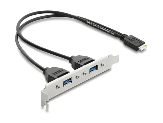 לוחית קצה USB 5Gbps מבית DELOCK גרמניה המאפשרת להוסיף למארז המחשב שתי יציאות USB Type-A חיצוניות תוך ניצול החיבורים הפנימיים של לוח האם