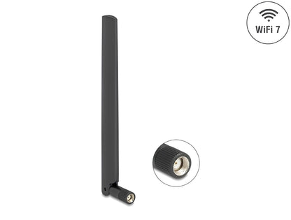 אנטנה איכותית בתקן WiFi 7 מבית Delock גרמניה מיועדת לחיבור למכשיר WLAN עם ממשק RP-SMA לצורך שידור וקליטת אותות אלחוטיים