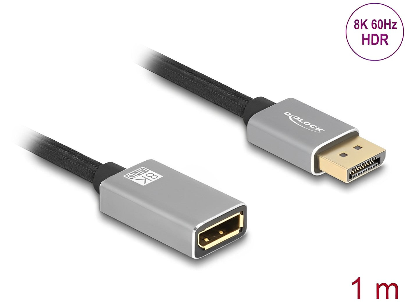 Delock DisplayPort extension cable 8K 60 Hz 1 m grey metal without latch - delock.israel