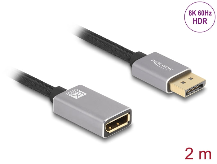 Delock DisplayPort extension cable 8K 60 Hz 2 m grey metal without latch - delock.israel