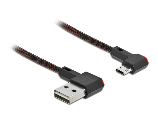 כבל EASY-USB 2.0 עם ציפוי ניילון קלוע מבית Delock גרמניה מאפשר חיבור קל ונוח בין מכשיר עם מחבר מיקרו USB למחשב או למטען בעל חיבור USB-A פנוי
