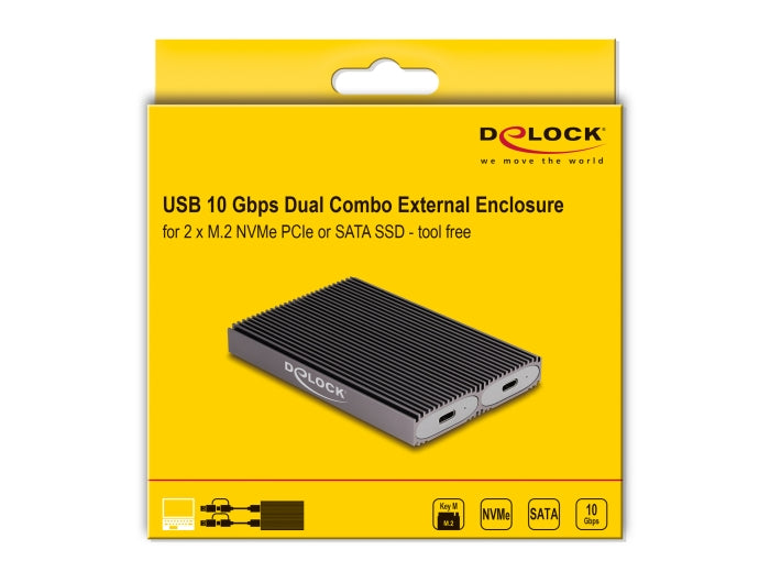 Delock External USB Type-C™ Dual Combo Enclosure for 2 x M.2 NVMe PCIe or SATA SSD - tool free - delock.israel