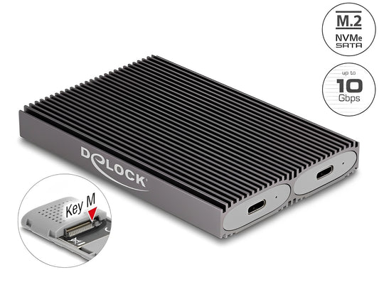 Delock External USB Type-C™ Dual Combo Enclosure for 2 x M.2 NVMe PCIe or SATA SSD - tool free - delock.israel