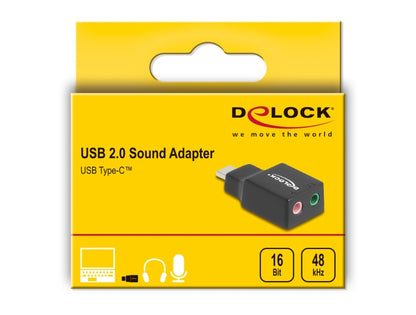 Delock External USB Sound Card with Type-C™ male to 2 x 3.5 mm Stereo jack Plug & Play Audio Adapter black - delock.israel