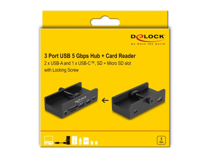 Delock External USB 5 Gbps 3 Port Hub 2 x USB Type-A, 1 x USB Type-C™ and 2 Slot Card Reader with Locking Screw - delock.israel