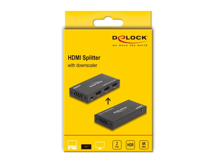 Delock HDMI Splitter 1 x HDMI in to 2 x HDMI out 4K 60 Hz with downscaler - delock.israel