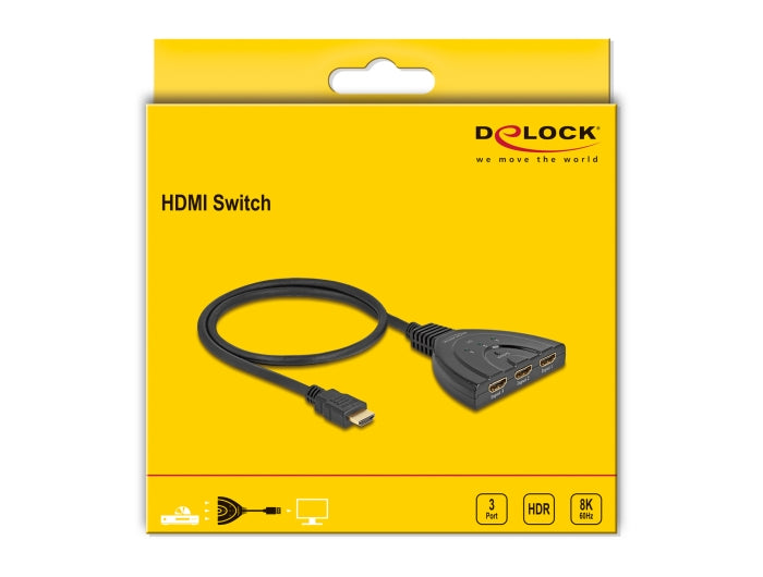 Delock HDMI Switch 3 x HDMI in to 1 x HDMI out 8K 60 Hz with integrated cable 60 cm - delock.israel