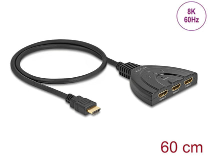 Delock HDMI Switch 3 x HDMI in to 1 x HDMI out 8K 60 Hz with integrated cable 60 cm - delock.israel