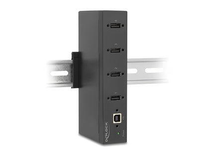 מפצל USB 2.0 תעשייתי 4 יציאות Type-A מבית Delock גרמניה נועד לשימושים מקצועיים ומתחבר למחשב דרך ממשק USB Type-A