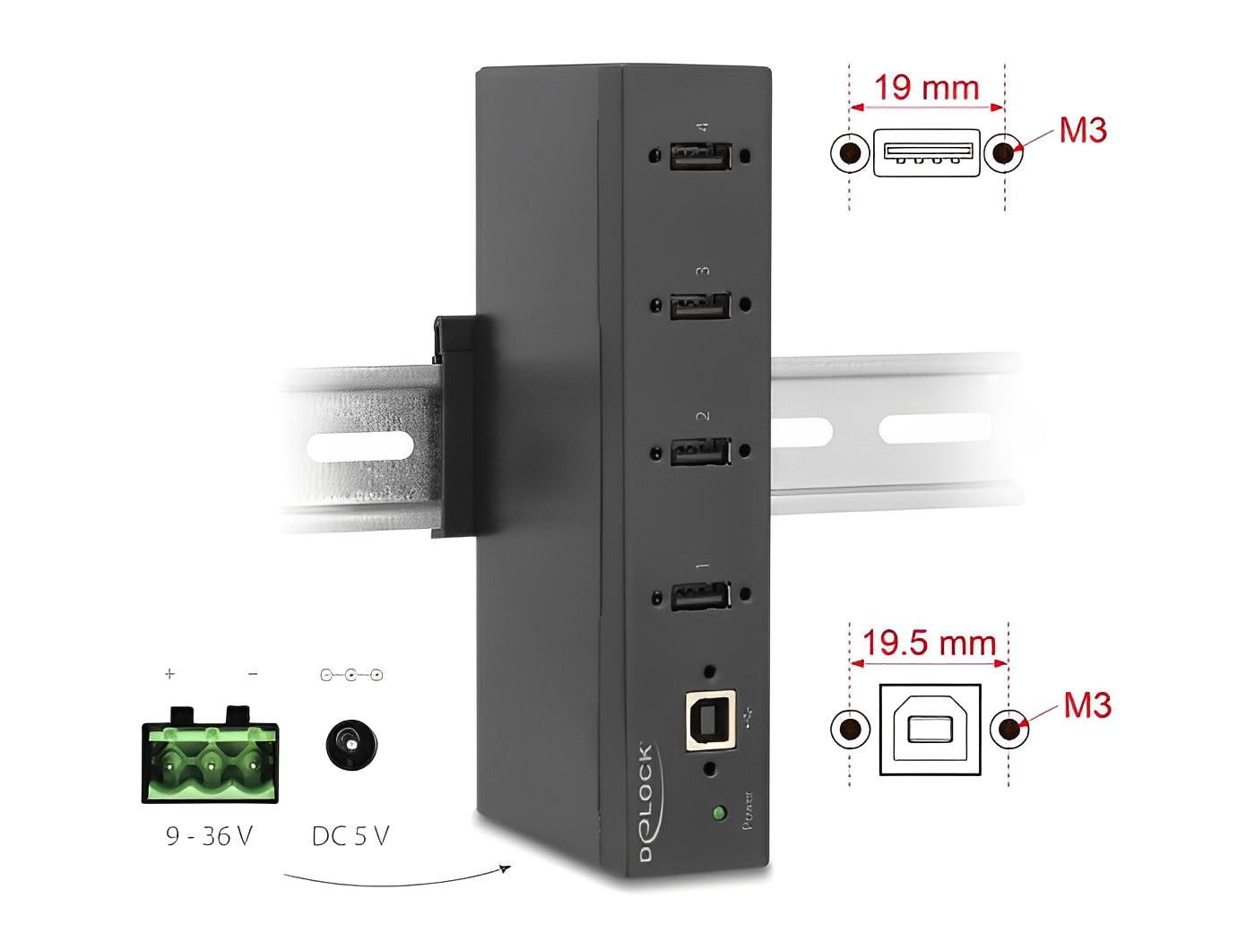 מפצל USB 2.0 תעשייתי 4 יציאות Type-A מבית Delock גרמניה נועד לשימושים מקצועיים ומתחבר למחשב דרך ממשק USB Type-A