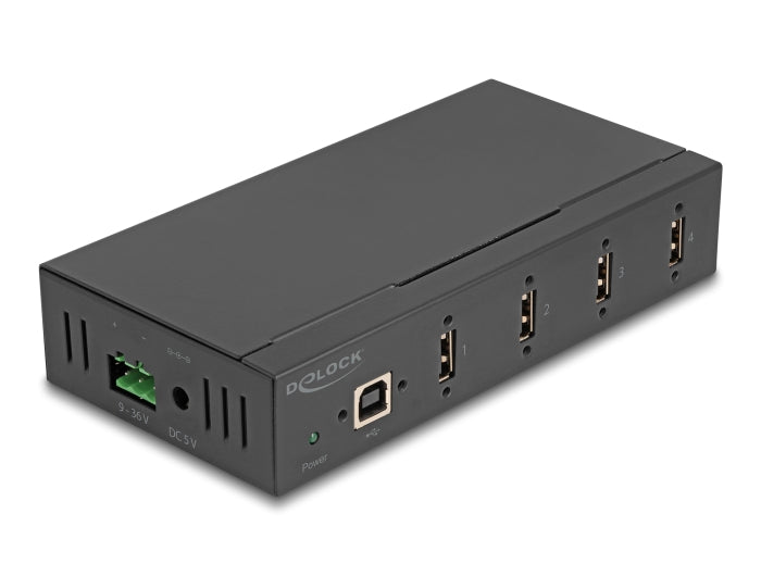 מפצל USB 2.0 תעשייתי 4 יציאות Type-A מבית Delock גרמניה נועד לשימושים מקצועיים ומתחבר למחשב דרך ממשק USB Type-A