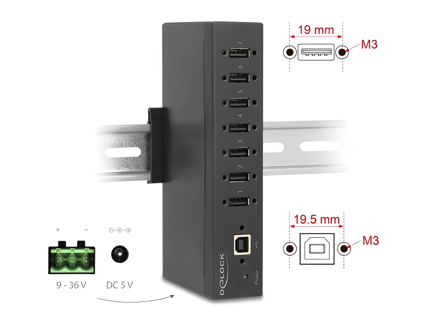 מפצל USB 2.0 תעשייתי 7 יציאות Type-A מבית Delock גרמניה נועד לשימושים מקצועיים ומתחבר למחשב דרך ממשק USB Type-A