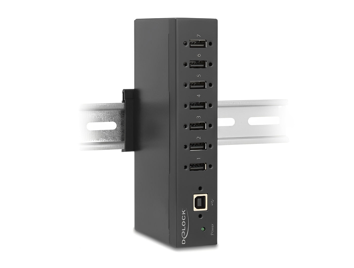 מפצל USB 2.0 תעשייתי 7 יציאות Type-A מבית Delock גרמניה נועד לשימושים מקצועיים ומתחבר למחשב דרך ממשק USB Type-A