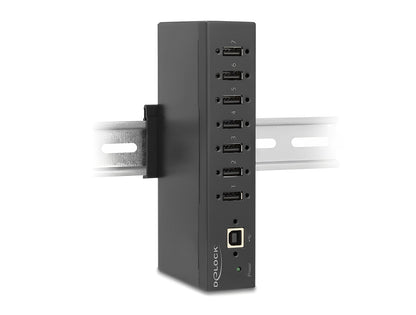 מפצל USB 2.0 תעשייתי 7 יציאות Type-A מבית Delock גרמניה נועד לשימושים מקצועיים ומתחבר למחשב דרך ממשק USB Type-A