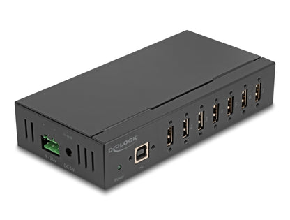 מפצל USB 2.0 תעשייתי 7 יציאות Type-A מבית Delock גרמניה נועד לשימושים מקצועיים ומתחבר למחשב דרך ממשק USB Type-A