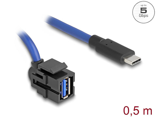 מתאם קיסטון תקע USB-C 5 Gbps לשקע USB-A 250° על כבל 50 ס"מ צבע שחור - delock.israel