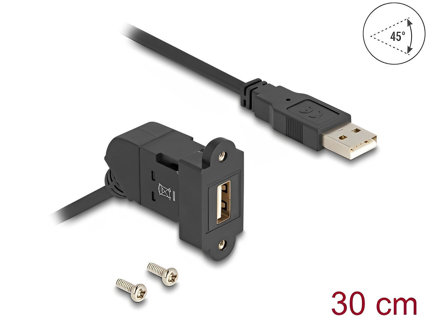 Delock Keystone Module USB 2.0 Type-A panel mount female 45° angled to Type-A male with 30 cm cable black - delock.israel