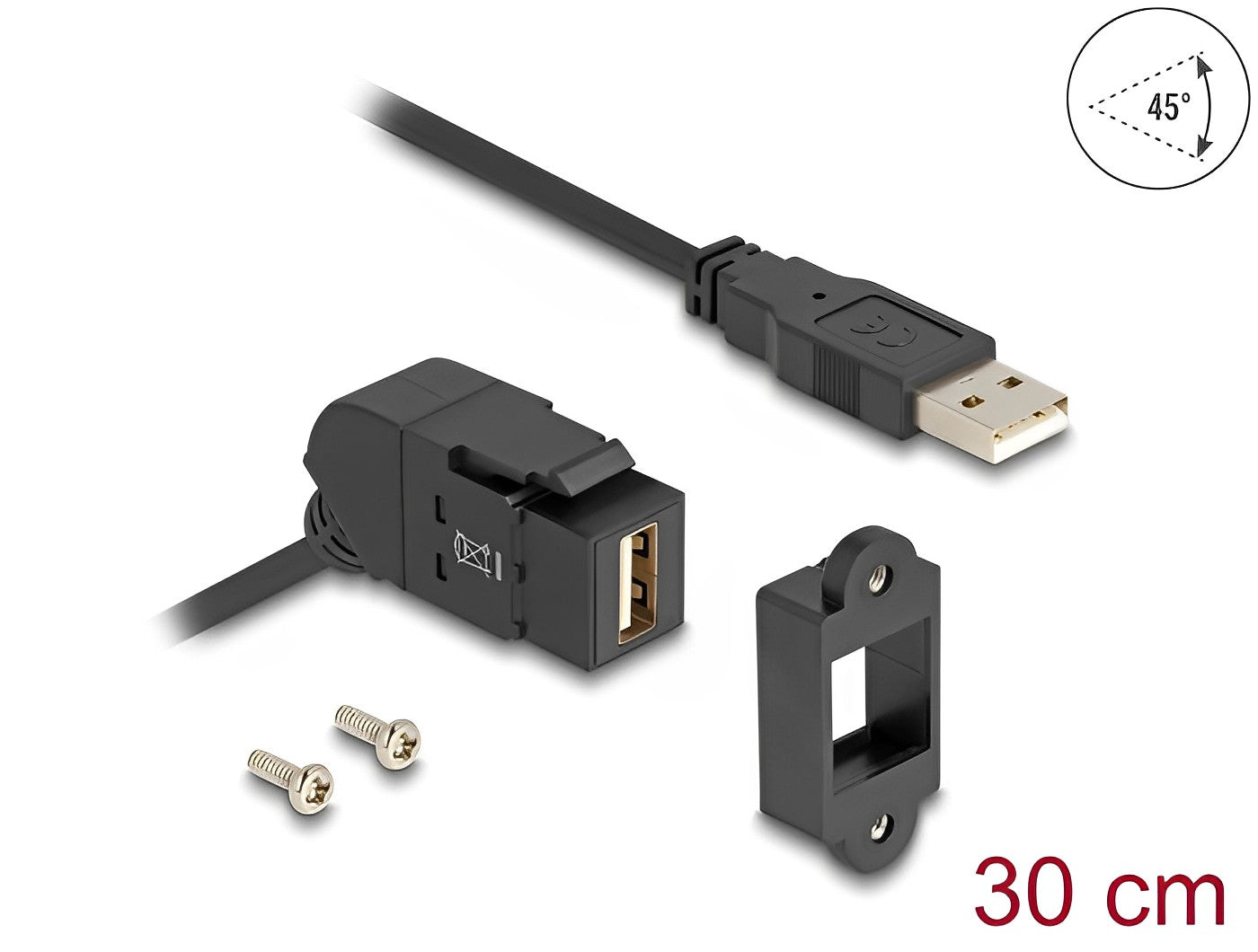 Delock Keystone Module USB 2.0 Type-A panel mount female 45° angled to Type-A male with 30 cm cable black - delock.israel