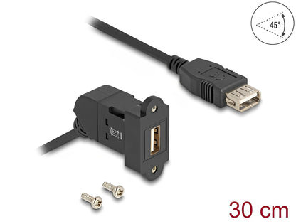 Delock Keystone Module USB 2.0 Type-A panel mount female 45° angled to Type-A female with 30 cm cable black - delock.israel