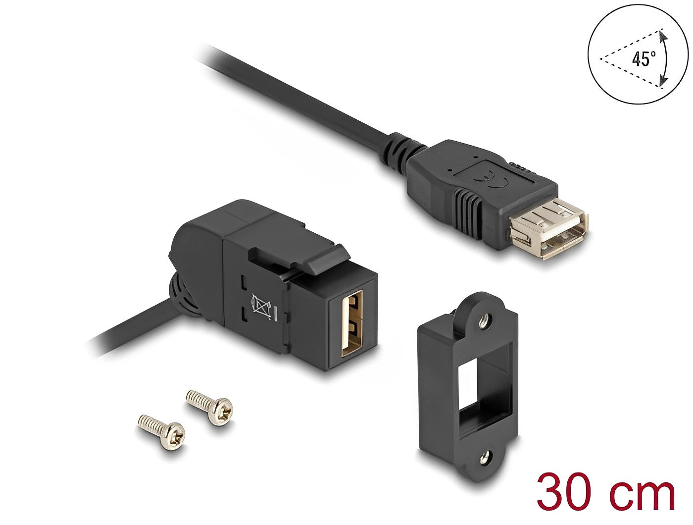 Delock Keystone Module USB 2.0 Type-A panel mount female 45° angled to Type-A female with 30 cm cable black - delock.israel