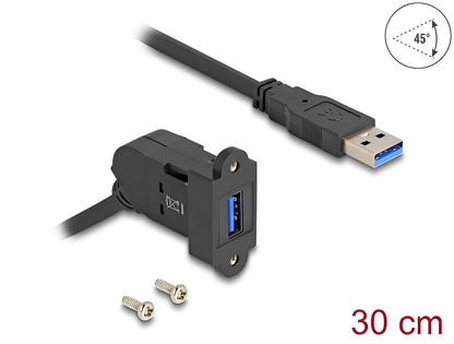 Delock Keystone Module USB 5 Gbps Type-A panel mount female 45° angled to Type-A male with 30 cm cable black - delock.israel