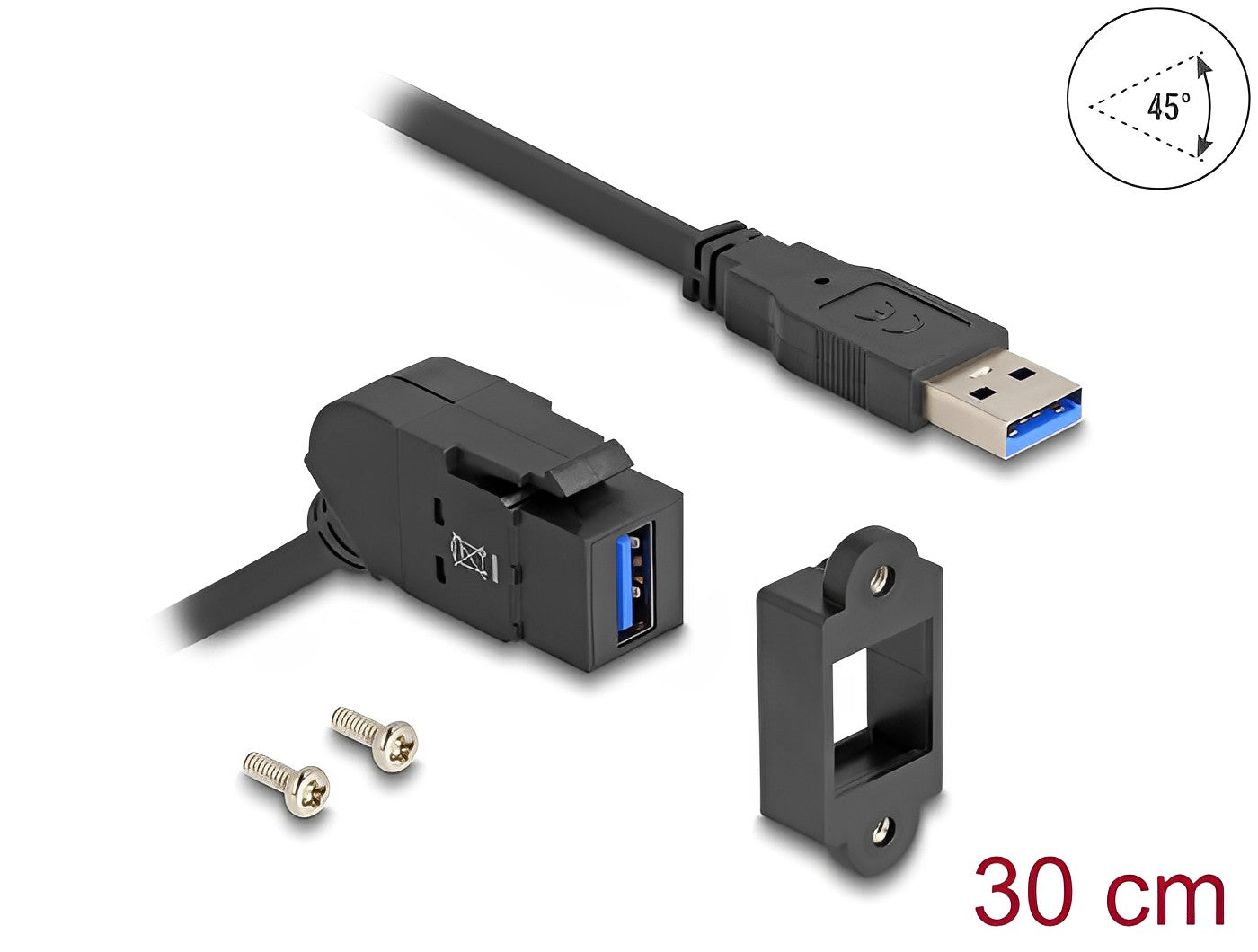 Delock Keystone Module USB 5 Gbps Type-A panel mount female 45° angled to Type-A male with 30 cm cable black - delock.israel