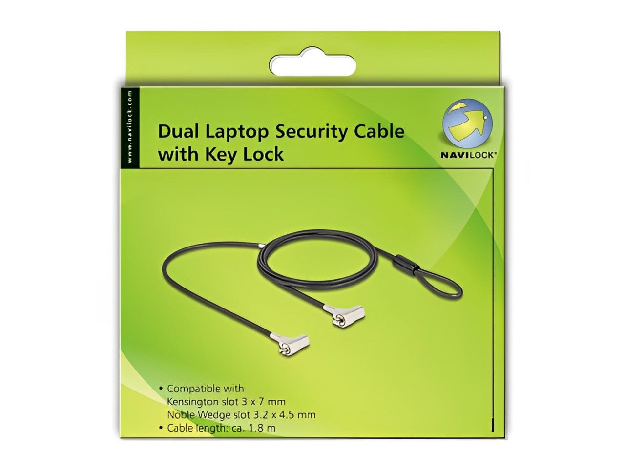Navilock Dual Laptop Security Cable with Key Lock for Kensington slot 3 x 7 mm and Noble Wedge slot 3.2 x 4.5 mm - delock.israel