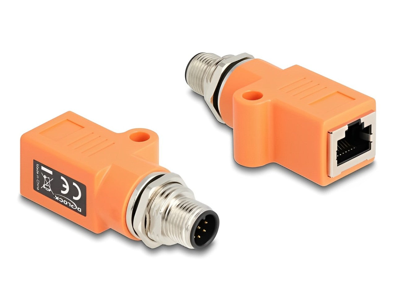 Delock M12 Adapter A-coded 8 pin male to RJ45 jack Cat.5e with mounting hole straight orange - delock.israel