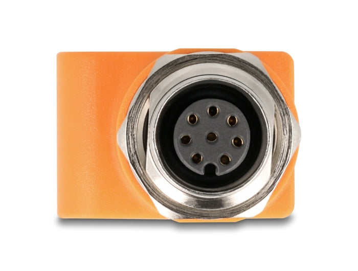 Delock M12 Adapter A-coded 8 pin female to RJ45 jack Cat.5e with mounting hole straight orange - delock.israel