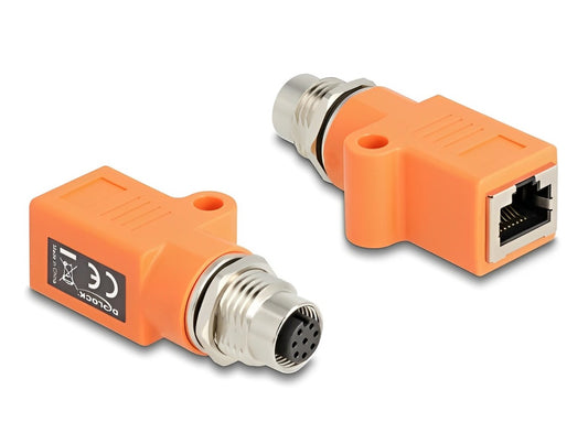 Delock M12 Adapter A-coded 8 pin female to RJ45 jack Cat.5e with mounting hole straight orange - delock.israel