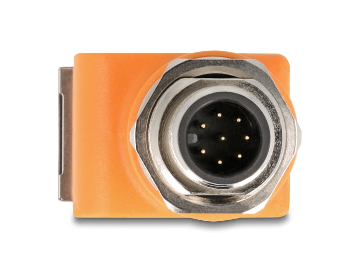 Delock M12 Adapter A-coded 8 pin male to RJ45 jack Cat.5e with mounting hole 90° angled orange - delock.israel