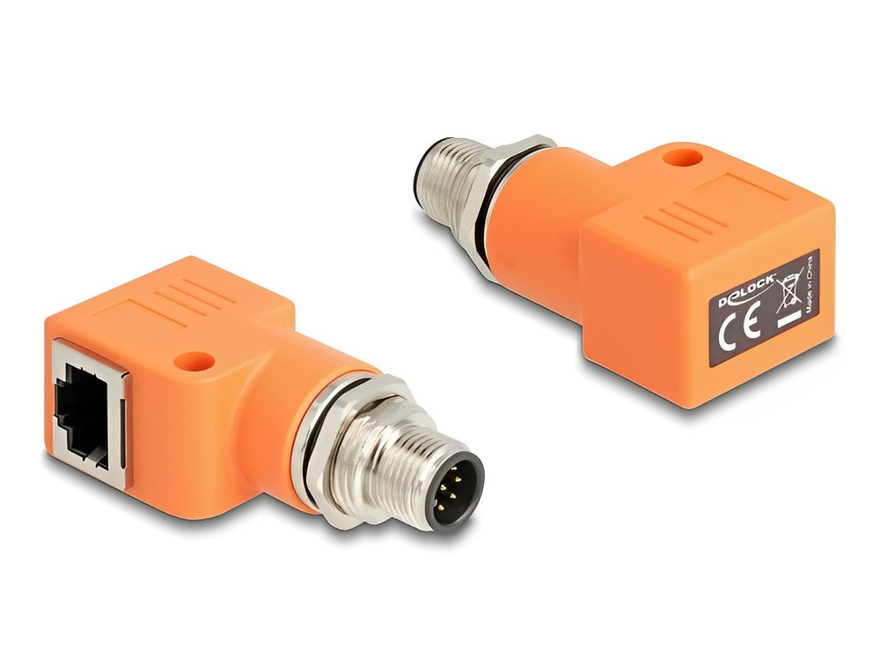 Delock M12 Adapter A-coded 8 pin male to RJ45 jack Cat.5e with mounting hole 90° angled orange - delock.israel