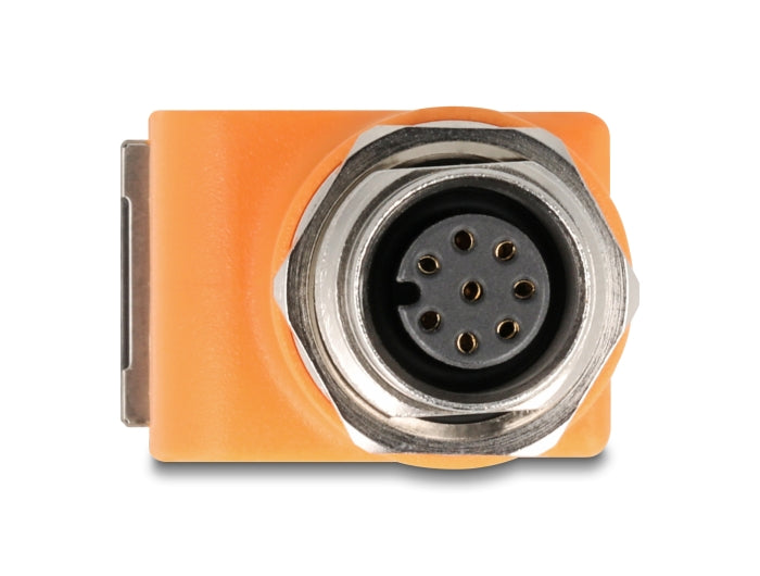 Delock M12 Adapter A-coded 8 pin female to RJ45 jack Cat.5e with mounting hole 90° angled orange - delock.israel