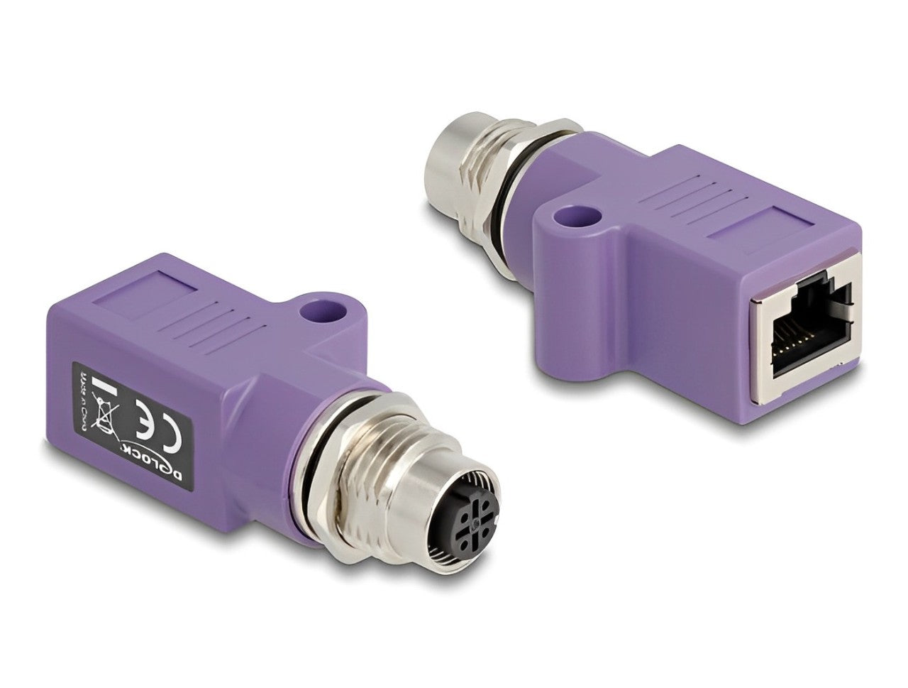 Delock M12 Adapter D-coded 4 pin female to RJ45 jack Cat.5e with mounting hole straight violet - delock.israel