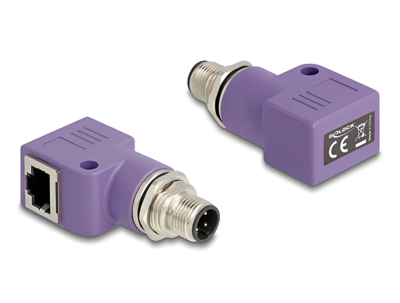 Delock M12 Adapter D-coded 4 pin male to RJ45 jack Cat.5e with mounting hole 90° angled violet - delock.israel