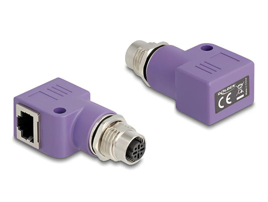 Delock M12 Adapter D-coded 4 pin female to RJ45 jack Cat.5e with mounting hole 90° angled violet - delock.israel