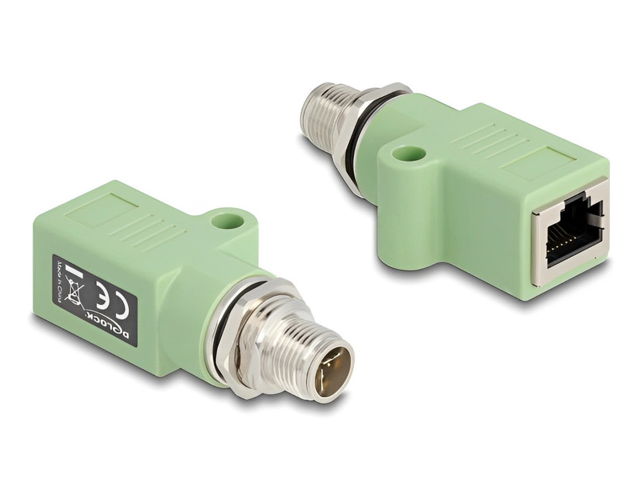 Delock M12 Adapter X-coded 8 pin male to RJ45 jack Cat.5e with mounting hole straight green - delock.israel