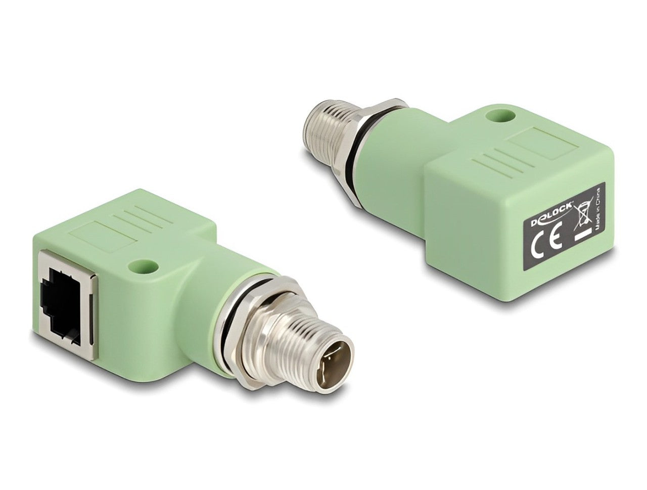 Delock M12 Adapter X-coded 8 pin male to RJ45 jack Cat.5e with mounting hole 90° angled green - delock.israel