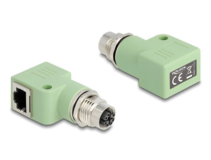 Delock M12 Adapter X-coded 8 pin female to RJ45 jack Cat.5e with mounting hole 90° angled green - delock.israel