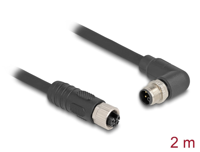 Delock M12 Cable L-coded 4 pin male right angled to female straight PUR suitable for drag chains 2 m black - delock.israel