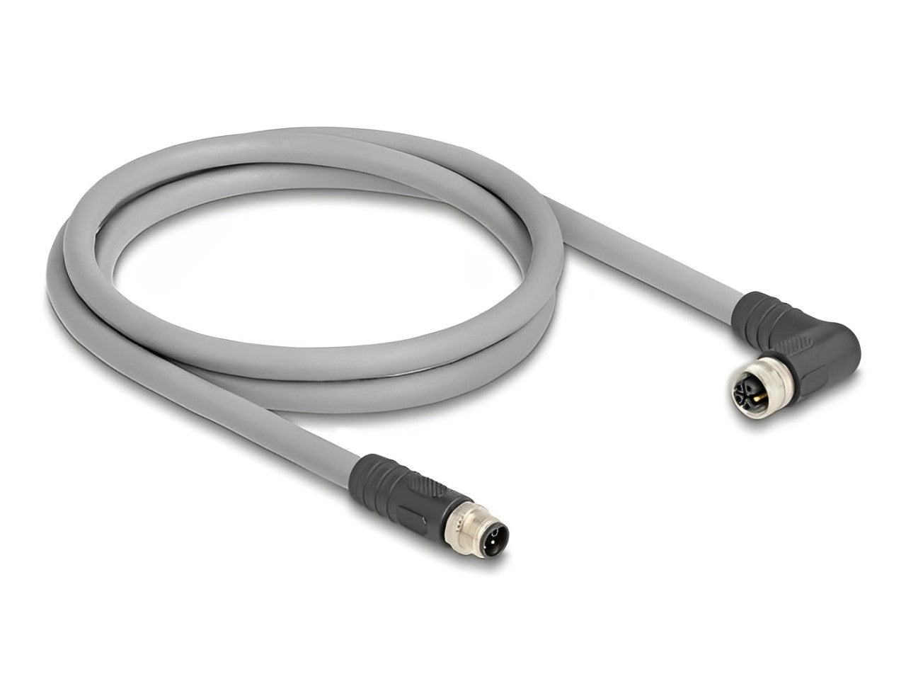 Delock M12 Cable L-coded 5 pin male straight to female right angled PUR suitable for drag chains 1 m grey - delock.israel