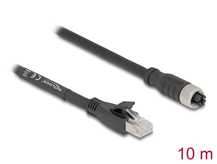 Delock M12 Cable X-coded 8 pin female to RJ45 plug Cat.5e S/FTP flexible 10 m black - delock.israel