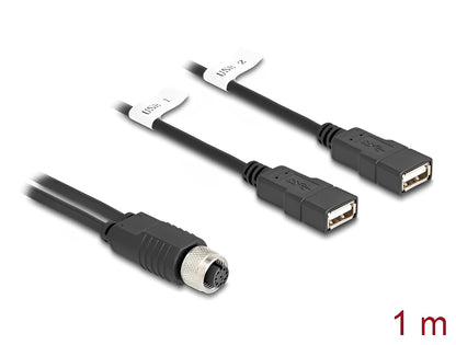 Delock M12 Cable A-coded 8 pin female to 2 x USB 2.0 Type-A female 1 m black - delock.israel