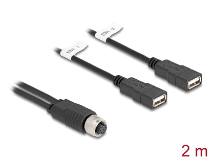 Delock M12 Cable A-coded 8 pin female to 2 x USB 2.0 Type-A female 2 m black - delock.israel